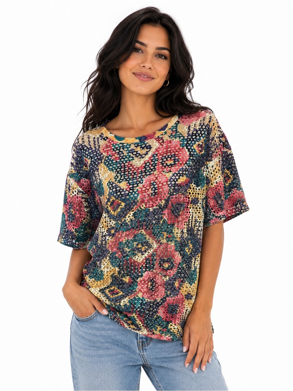 Vintage 90s Sostanza Mesh Floral Abstract Top Oversized Sheer Grunge Boho
